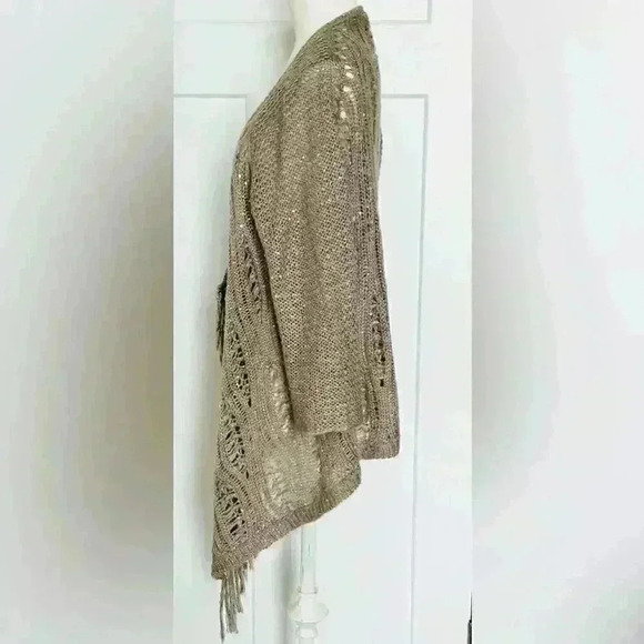 Chico’s Cardigan Sweater Tan Sparkle Sequin Open Knit Fringe Size 0🩶 - Picture 3 of 5